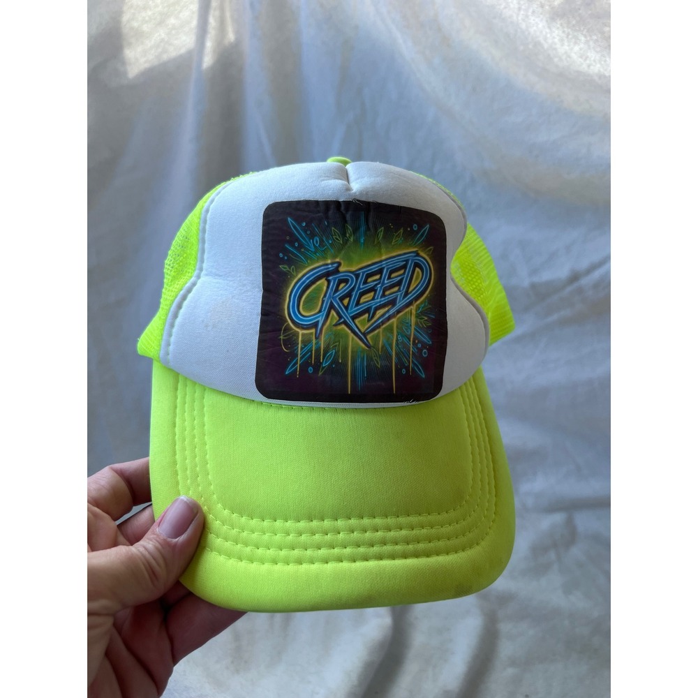 Y2K Unisex Creed Band Trucker Hat OS Neon Green White